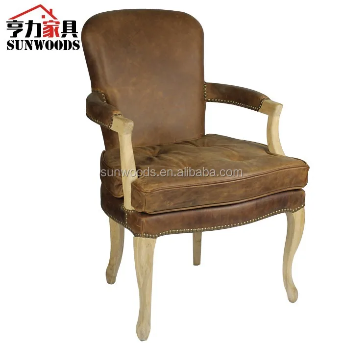 Comedor de madera de estilo francés de la vendimia de cuero marrón ... Sillas de juego de comedor con brazo