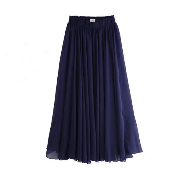 Ladies Summer Wear Navy Blue Elastic Waist Pleated Pattern Long Chiffon ...