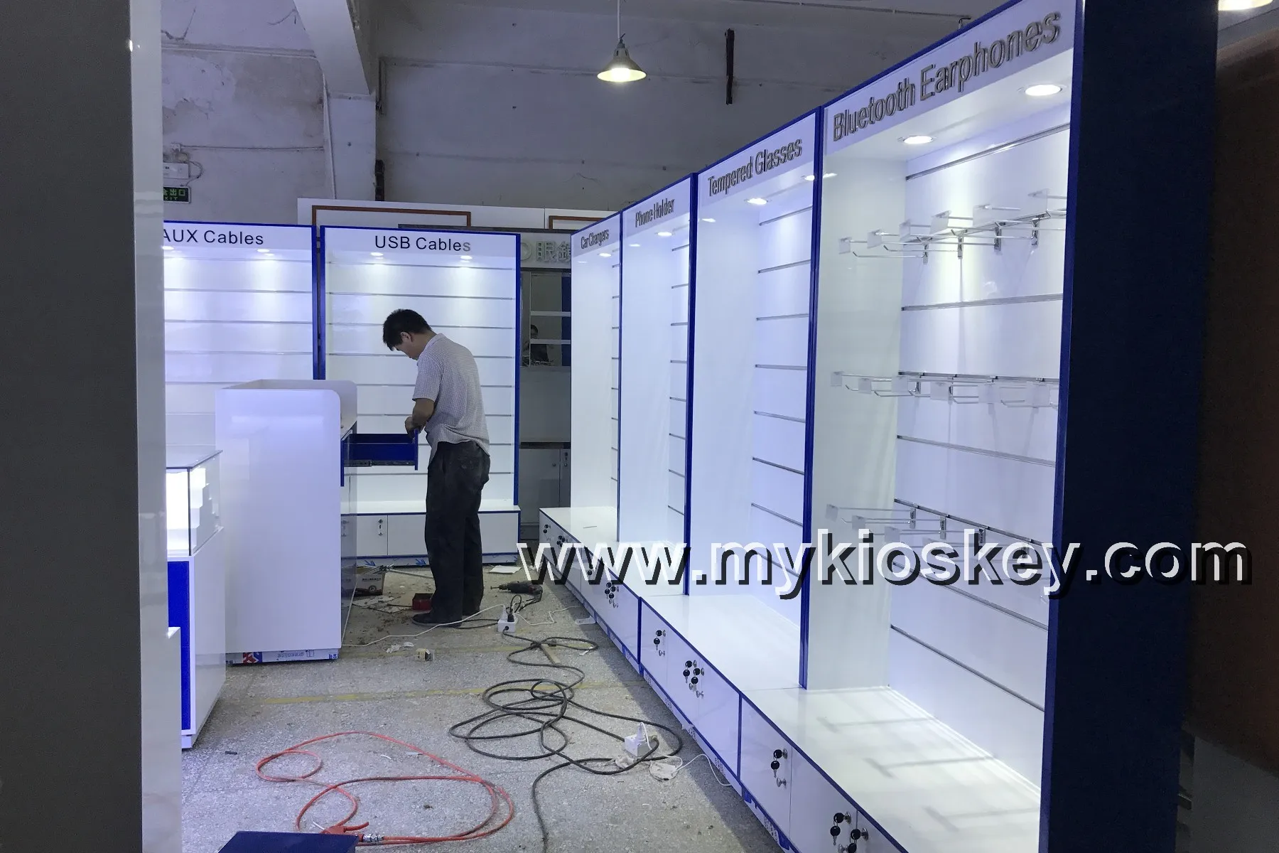 Build wood cell phone accessory display showcase for phone shop