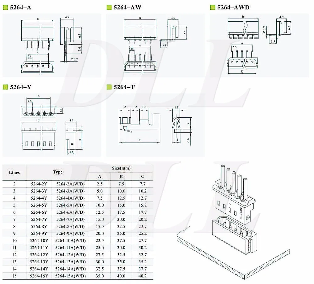 alternativa molex 2,5 mm 5264 22-03-5045 22-03-5055 22-03-5065 22-03-5075 fio para placa conector dip