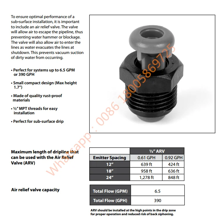 Plastic 1/2 Inch Air Vacuum Relief Valve For Irrigation Dripline