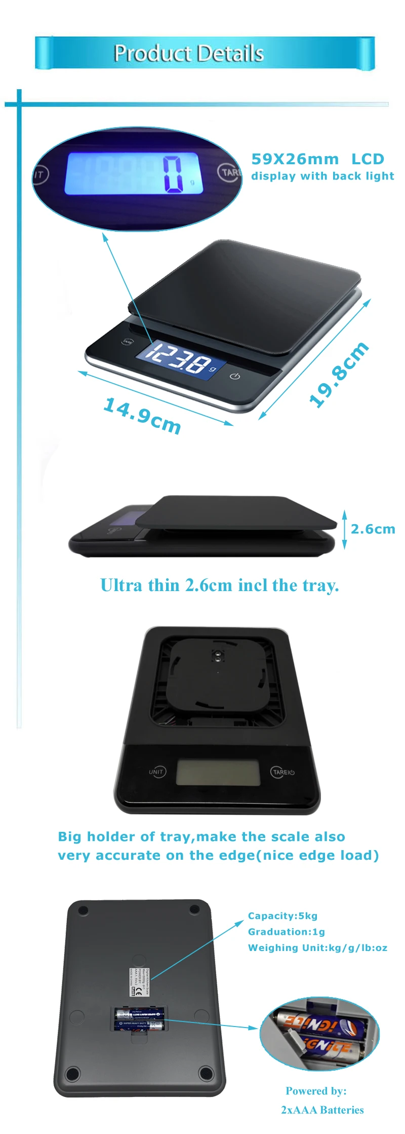 Sunny Customized Maximum Weighing 5kg Glass Digital Scale Kitchen Food Scale
