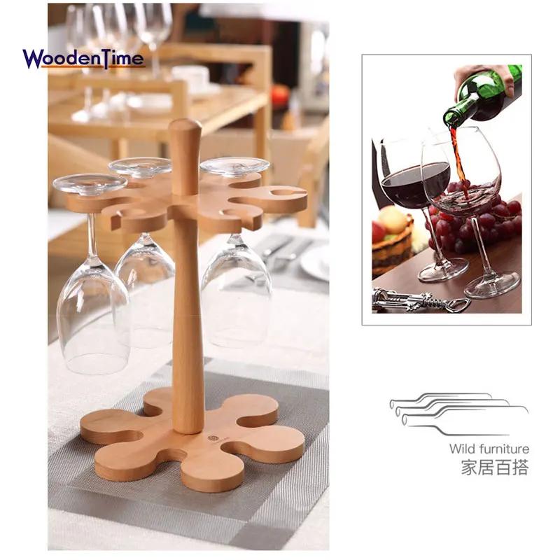 Elm creative household upside down wine shelf solid wood European rack hanging goblet rack bamboo wine bottle glass holder