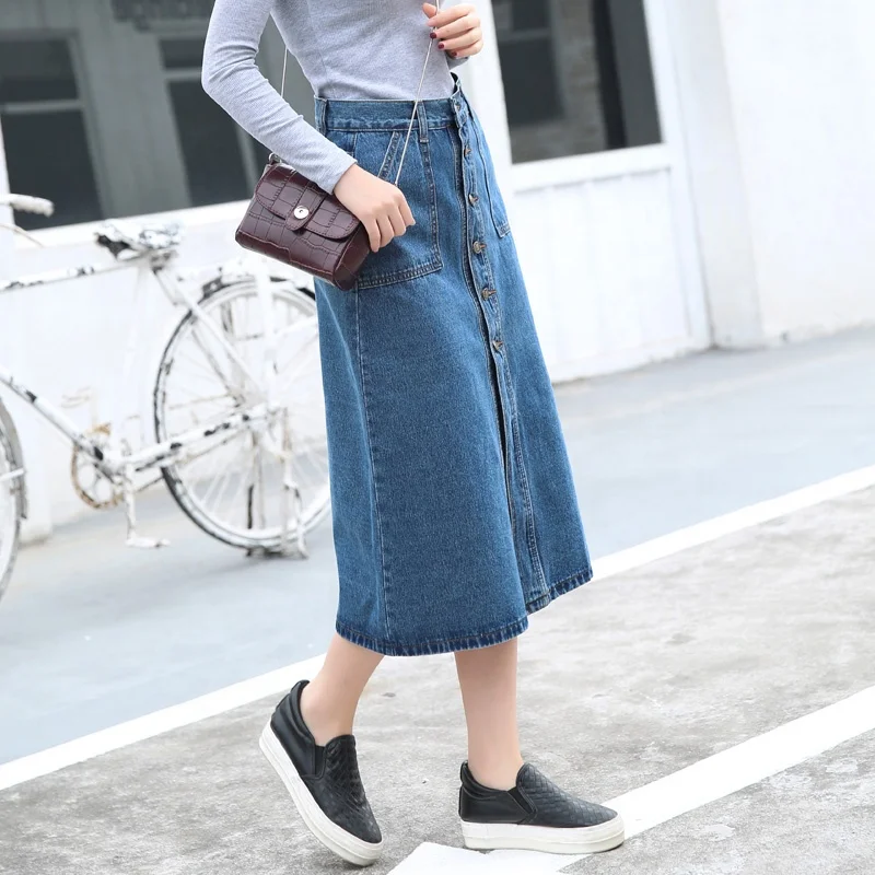 Spring autumn fashion quality slim Buckle blue Streetwear ladies denim jean long skirts