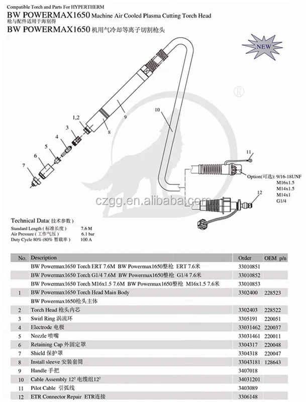 air cooled plasma torch for cnc cutter BW PMX1650 machine