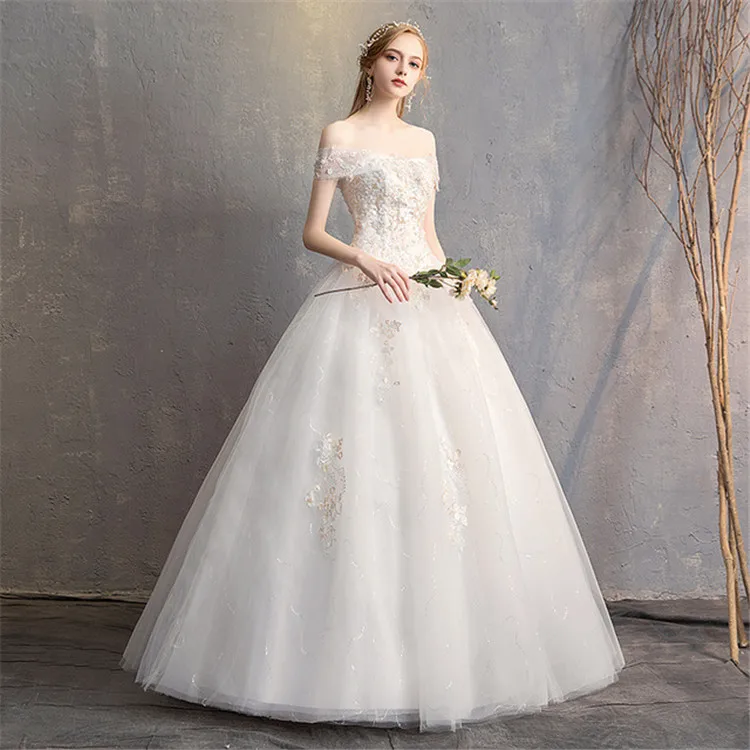 2019 Fashion Styles off shoulder Women Wedding dress Floor Length Vintage Applique Women Bridal Gown