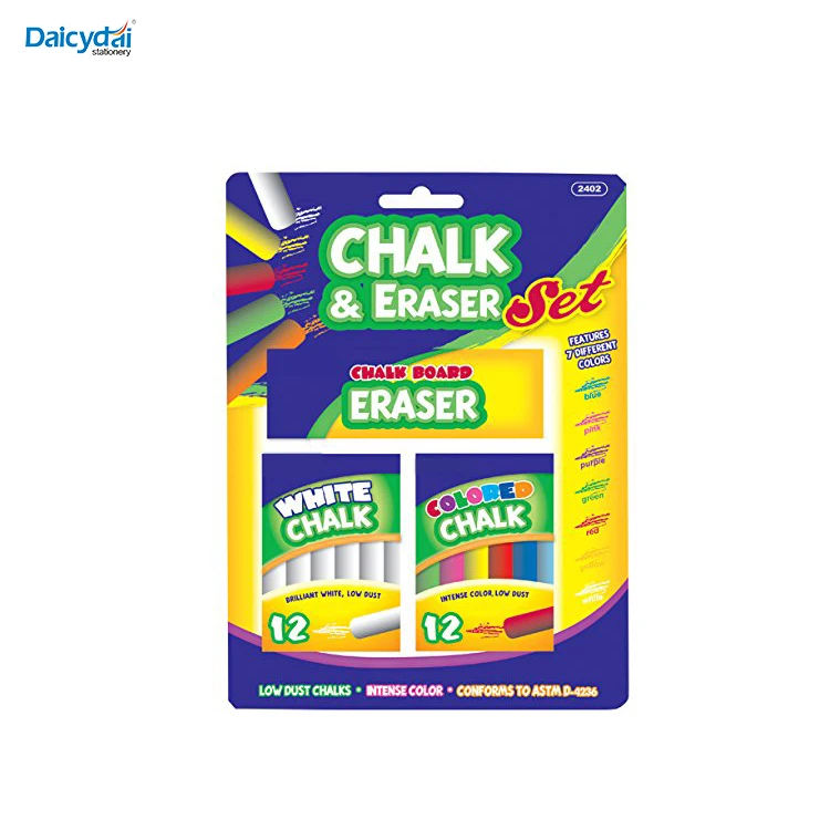 Chalk And Eraser Set Comes With 12 Colored And 12 White Chalk Assorted