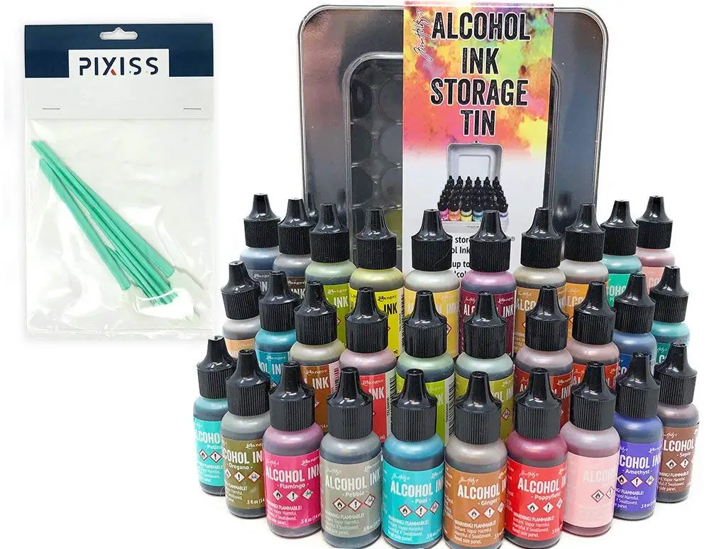 30x Tim Holtz Alcohol Ink .5oz Bottles (Assorted Colors), Tim Holtz Alcohol Ink Storage Tin (Holds All 30 Inks), 8X Pixiss Ink Blending Tools