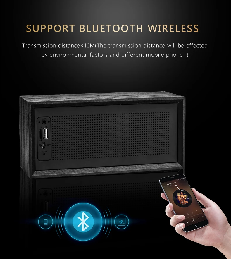 retro wooden speaker oneder v2 10w 1500mah Support TF Card/USB drive/AUX/FM wooden wireless bluetooth speaker - ANKUX.COM