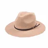 Promotional summer beach custom flat brim straw hat wholesale panama hats polyester with leather strap