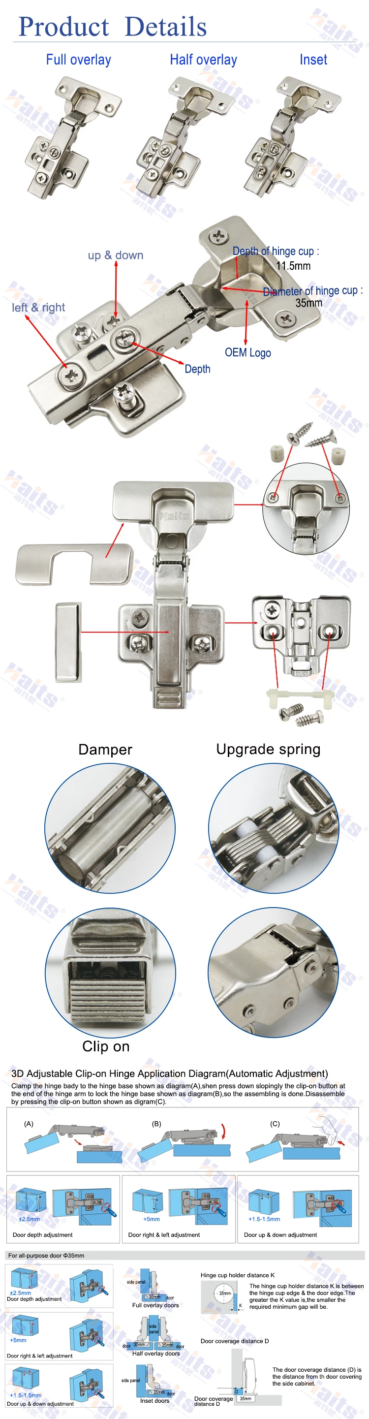 Furniture Soft Closing German Hetal Hinge Brands Clip Hinge 3d Adjustable Door Hinges