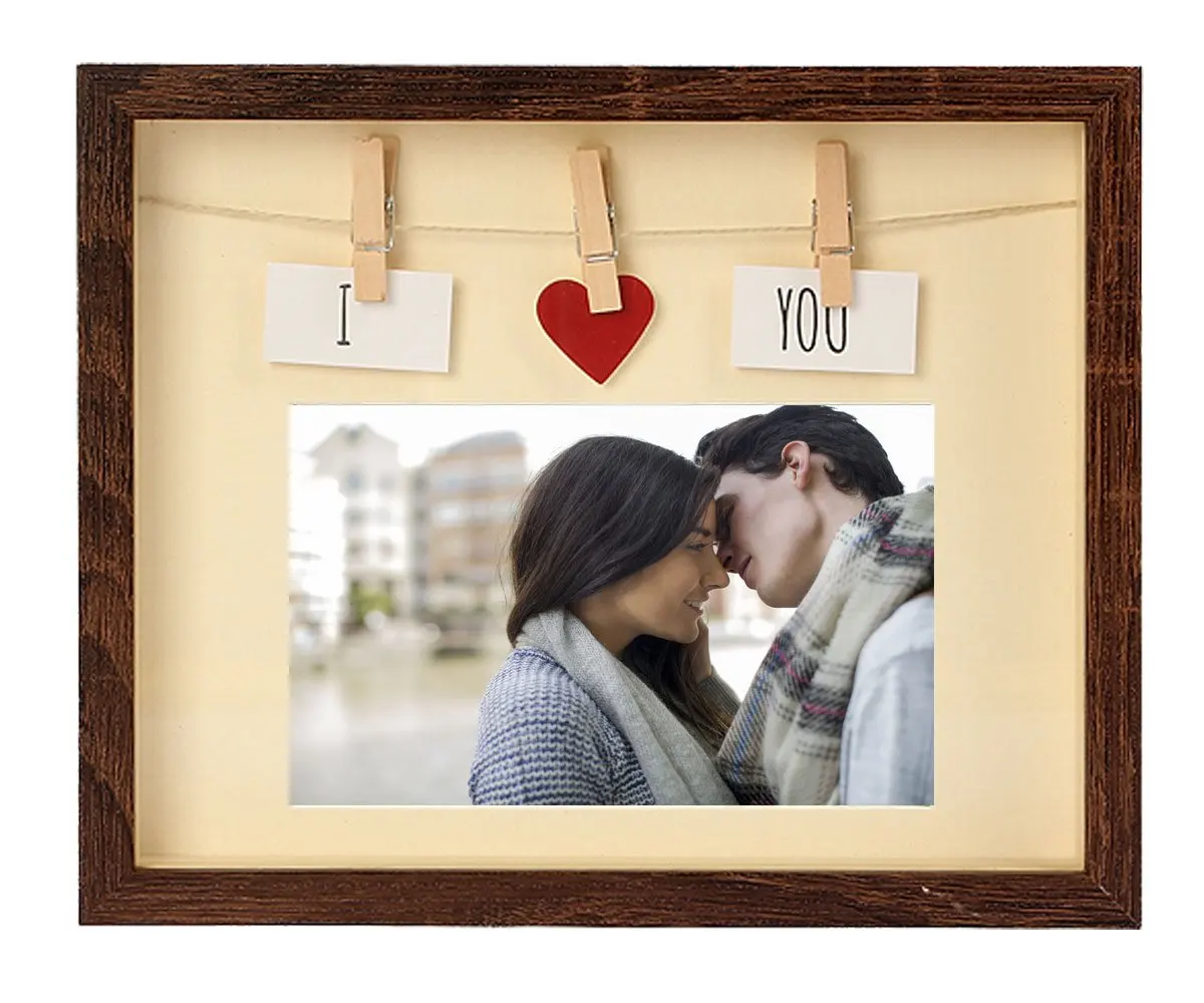 Buy Picture Frames 4x6 With Mat Mdf Wood Glass Pane Complete With Red Heart Card Clothes Line Pin For Couples Family Friends Photo Cute Fun Box Photo