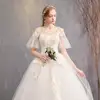 Spring New Trendy Short Flare Bell Sleeve Wedding Dresses Simple O-neck Lace Up Back Wedding Gown