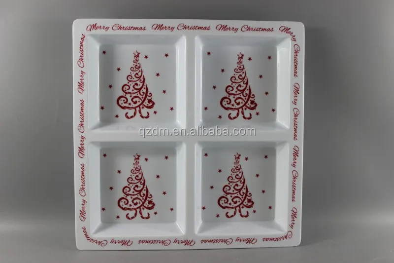 12" Square Melamine 4 Divided Plate Christmas Snack Dish