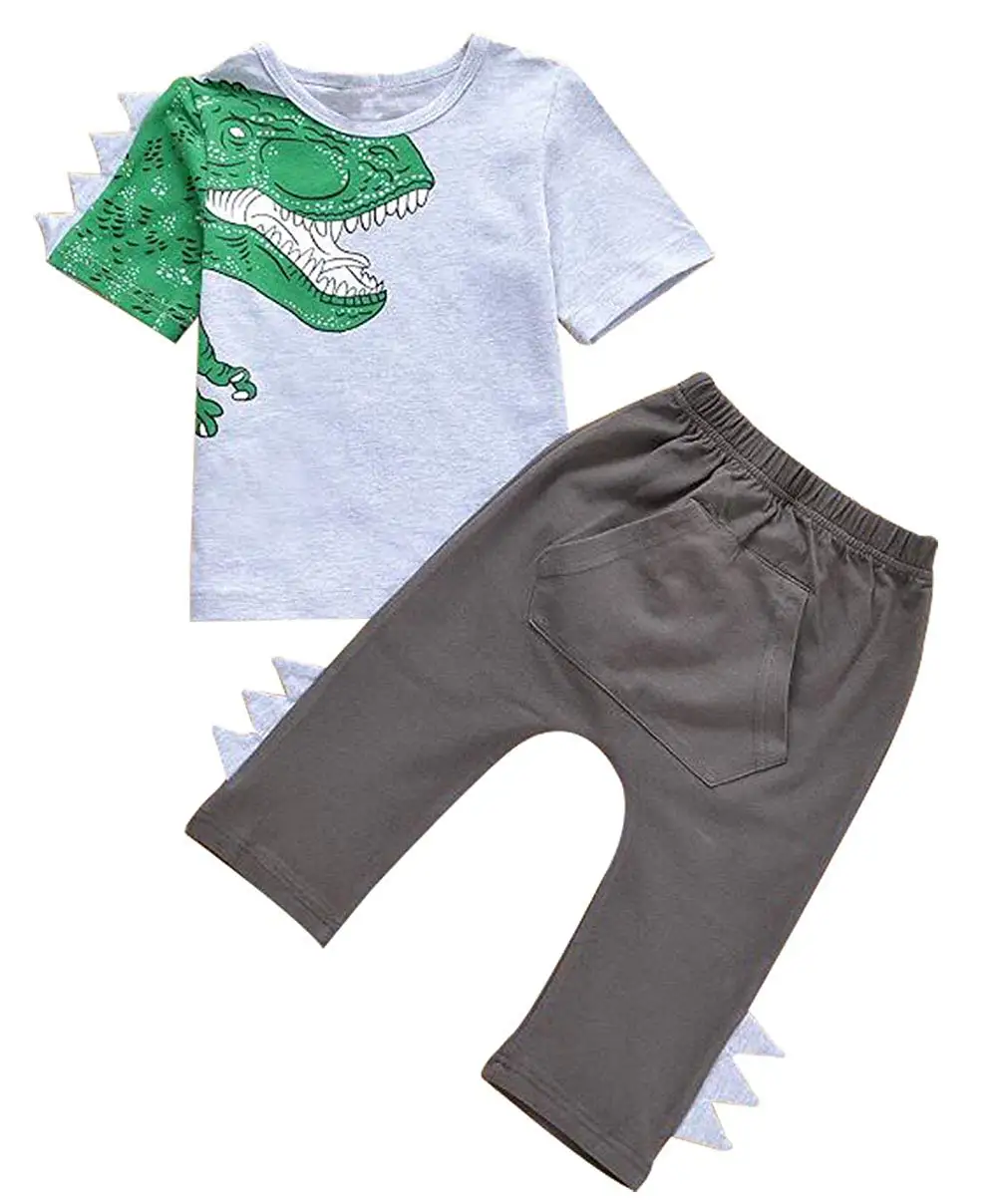UNIQUEONE 2Pcs Toddler Boys Girls Short Sleeve Cartoon Dinosaur Print Tops+Shorts Outfits