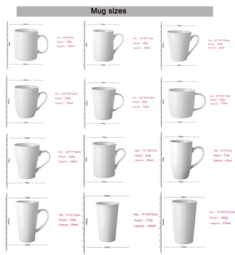 Coffee Mug Size Chart 6607