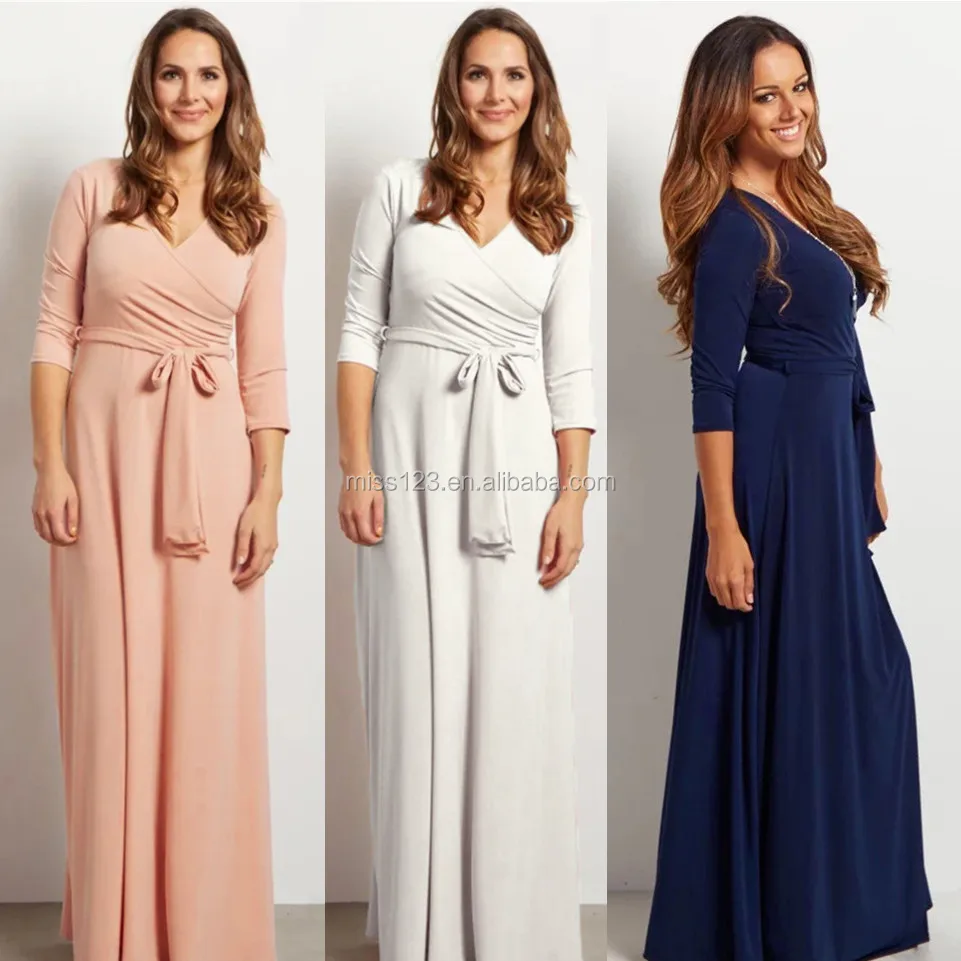 Women Solid Color Cotton One Piece Long Sleeve V Neck Dress Ladies