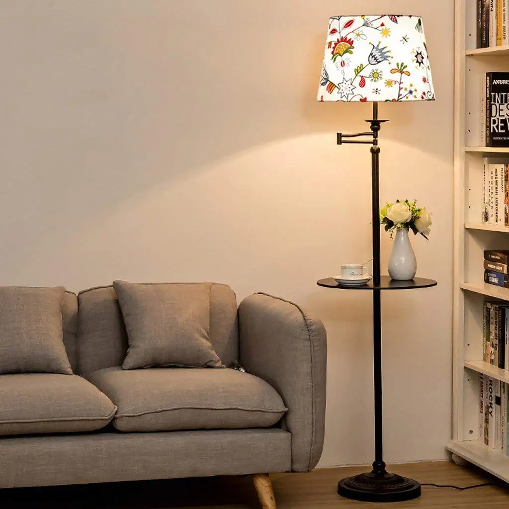 American Simple and Modern Style Creative Floor Lamp With an Integrated Coffee Table, Living Room Sofa Study Office Table Lamp Bedroom Bedside Floor Lamp, Fabric Lampshade, Iron Floor Lamp, E27