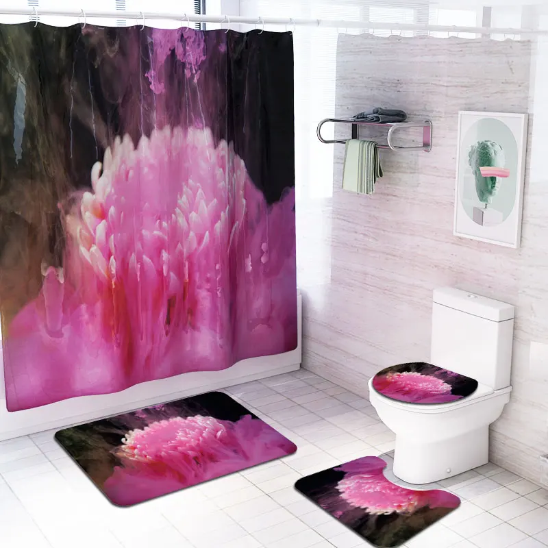 Flower Anti Slip Bathroom Rug 4 Piece Set Custom print Shower curtain