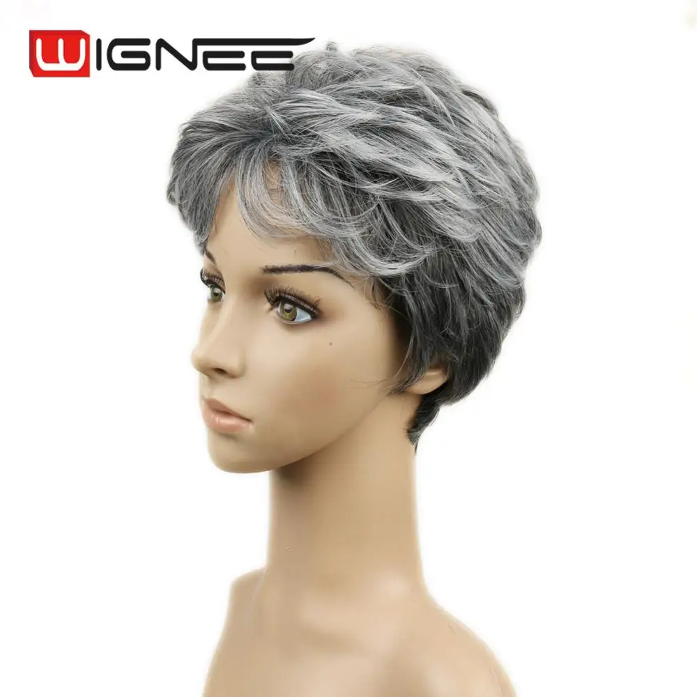 Wignee Lapisan Pendek Rambut Wig Suhu Tinggi Abu Abu Warna Sintetis