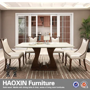 White Leather Dining Chairs And Marble Table With Walnut Wooden Base 6 Restaurant Tables White Leather Dining Chairs And Marble Table With Walnut Wooden Base 6 Restaurant Tables