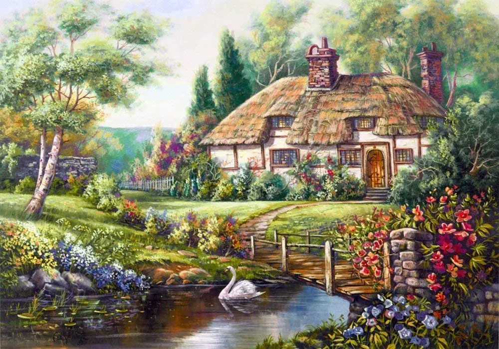 TianMai Hot New DIY 5D Diamond Painting Kits Full Drill Diamond Embroidery Painting Pasted Paint By Number Kit Stitch Craft Kit Home Decor Wall Sticker - Forest Cabin River Swan, 25x30cm