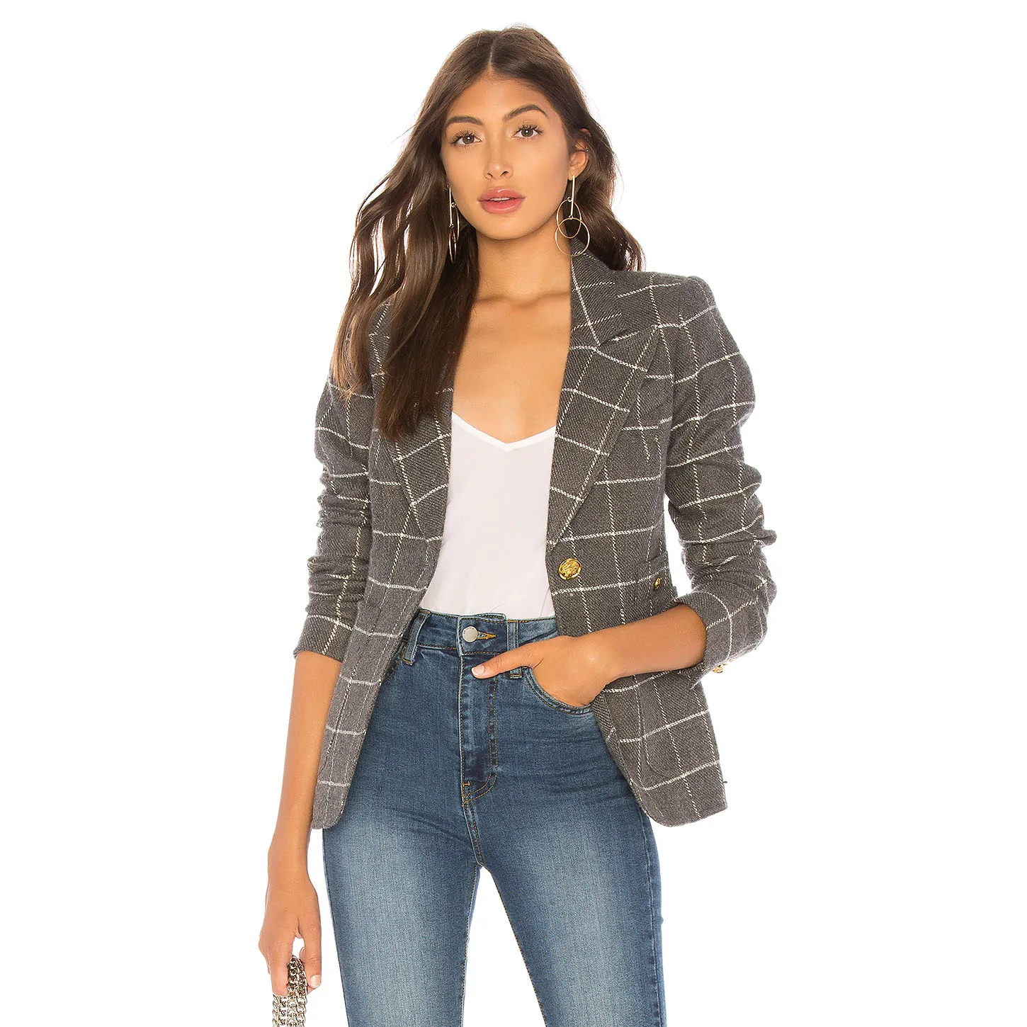 Women Latest Patch Pocket Plaid Blazer 