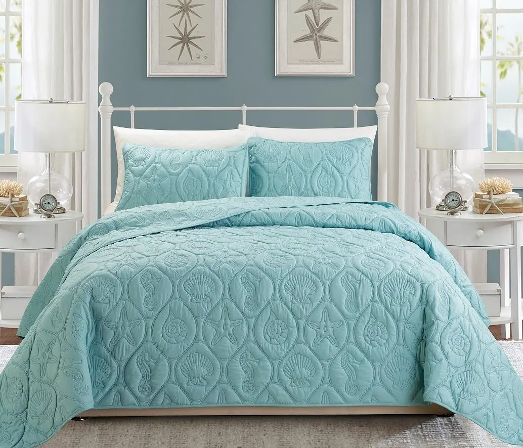 3-Piece Tropical Coast Seashell Beach KING Bedspread Spa Blue Coverlet Embossed Bed Cover set. Sea Shells, Sea Horse, Starfish etc.