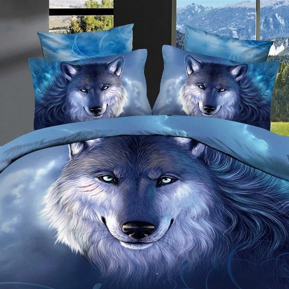 Alicemall Queen 3D Wolf Bedding Deep Blue Unique 3D Wolf Oil Painting Bedding Set 4 Pieces Blue Duvet Cover Set Wolf Print Bed Set (Queen, Blue)