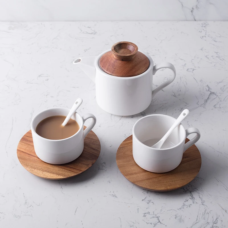 Japanese style stylish wooden lid porcelain tea set with teapot