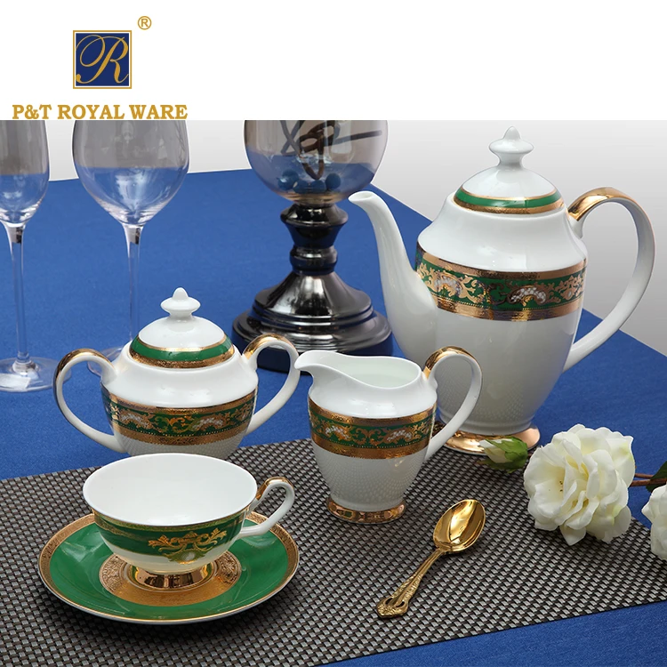 china supplier Professional Hotel decal dinnerware Embossed gold green Bone China Dinner Set