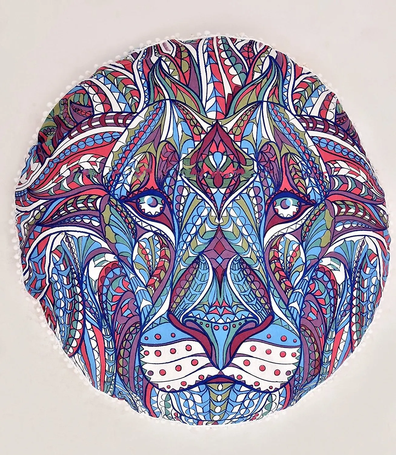 Indian King Of Beast Tribal Rasta Lion Round Cushion Pouf Cover Floor Seating Boho Pom Pom Pillow Sham 32"