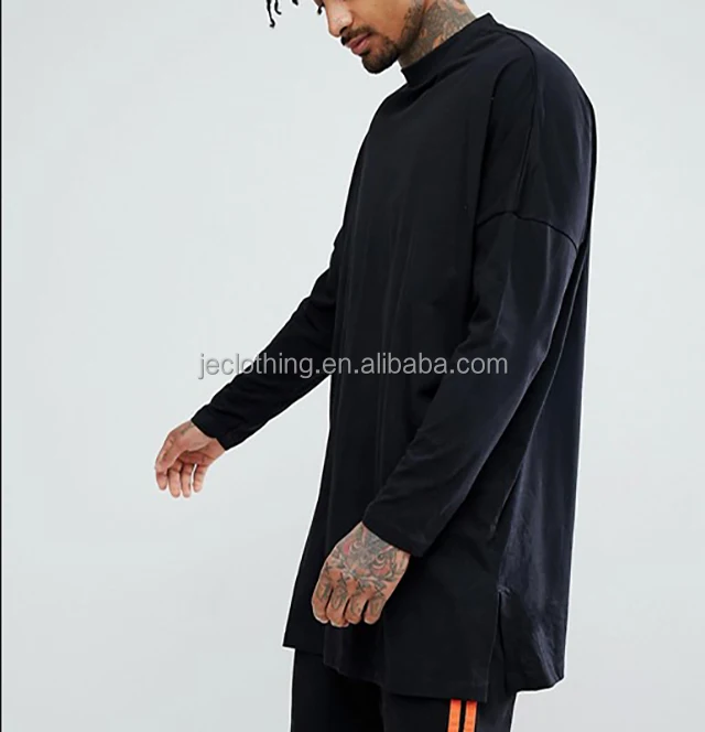 2017 New Design Long Sleeve Drop Shoulder Sleeve Oversize Black Plain T Shirt