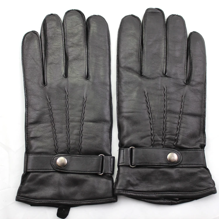 Men 's touch screen leather gloves with leather belt and woolen lining
