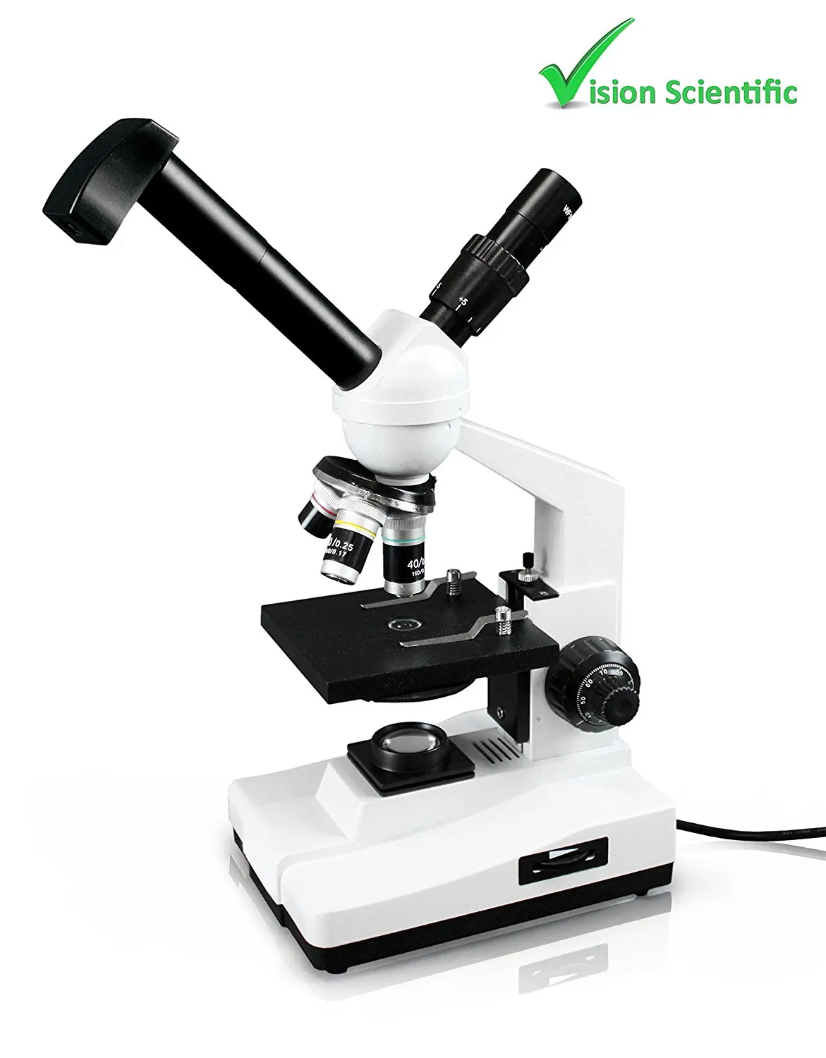 Vision Scientific VME0007-T-LD-DG0.3-E2 Dual View Compound Microscope, 10x WF & 20x WF Eyepieces, 40x-800x Magnification, LED Illumination, Coaxial Coarse & Fine Focus,0.35MP Digital Eyepiece Camera