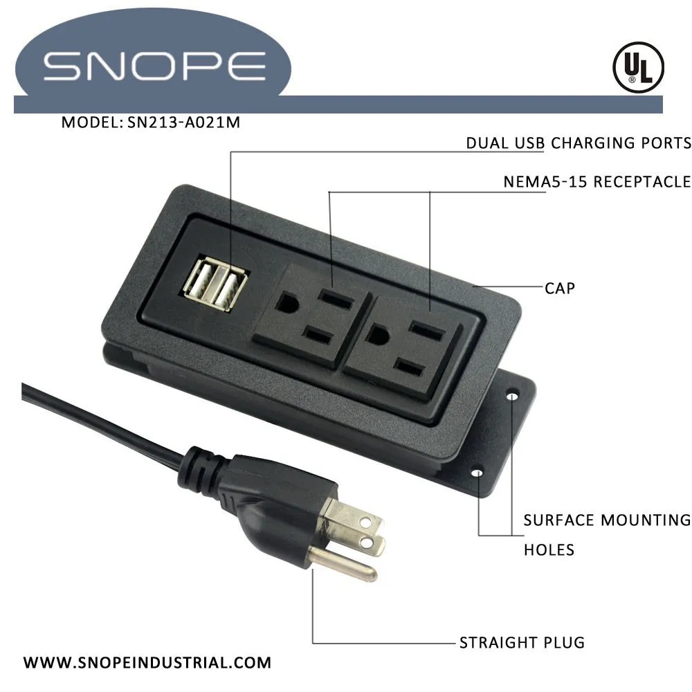 Mini Hotel Surface Mounted Desk Power Outlet With Cap 2.1a Usb Charge