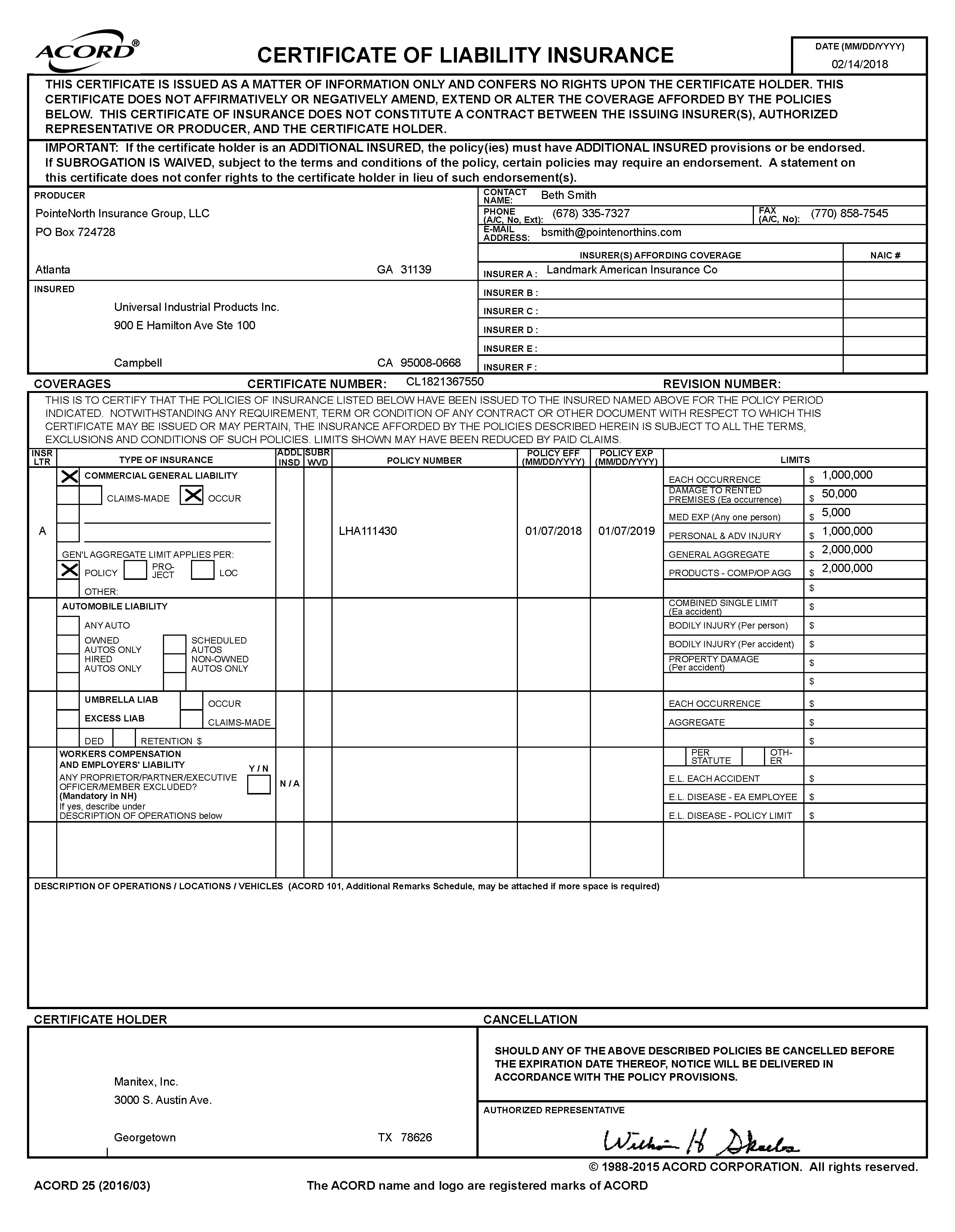 certificate of liability insurance