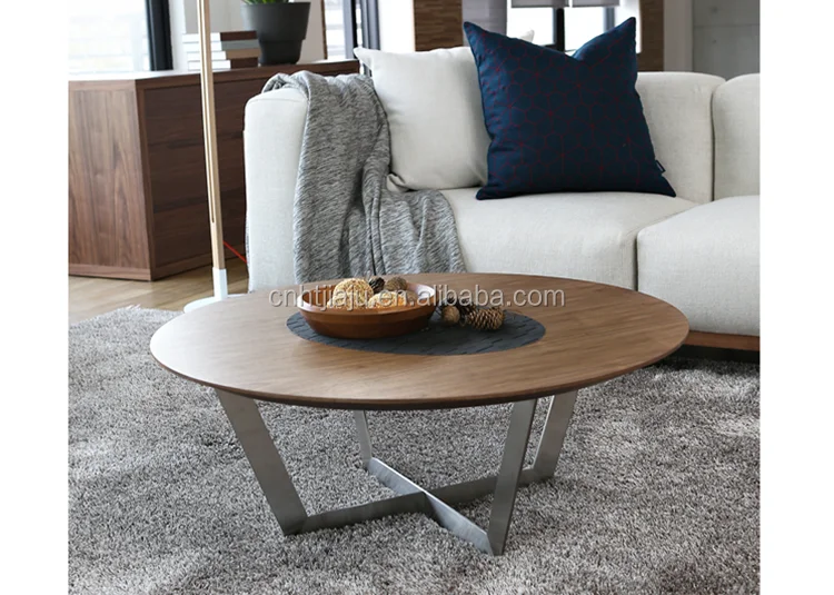 Hot Modern Wooden Coffee Table Round Metal Leg