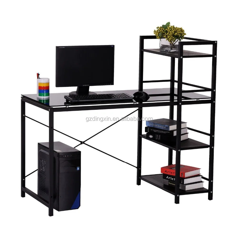 Metal Frame Computer Table Design L Shaped Black Tempered Glass Top On