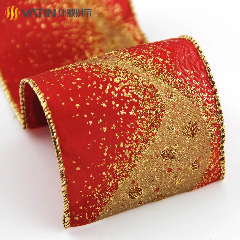 63mm Wide Beautiful Christmas Gift Wrapping Glitter Dazzled Star Pattern Wired Satin Ribbon