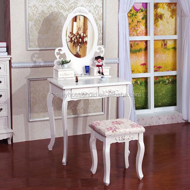 French Style Girls Makeup Dresser White Painted Dressing Stool