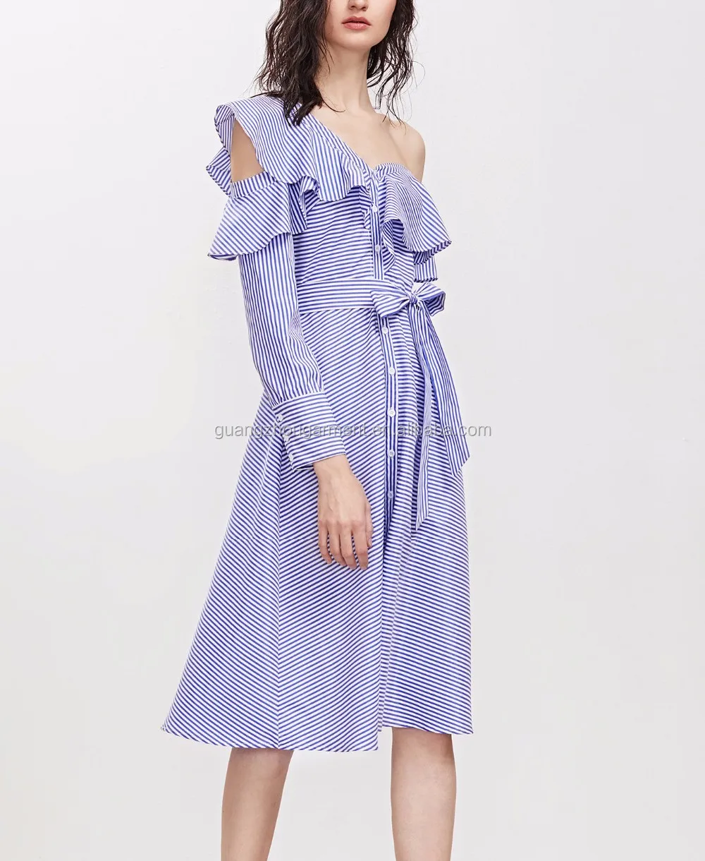 Blue Striped Asymmetric Ruffle Off The Shoulder Belted Shirt Dress