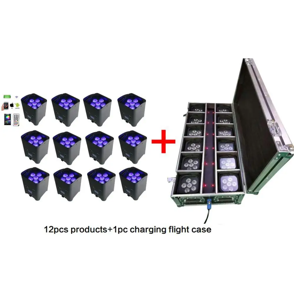 batch: 12pcs products and 1pc flight case 6x12w 6in1wifi wireless dmx battery powered led uplight