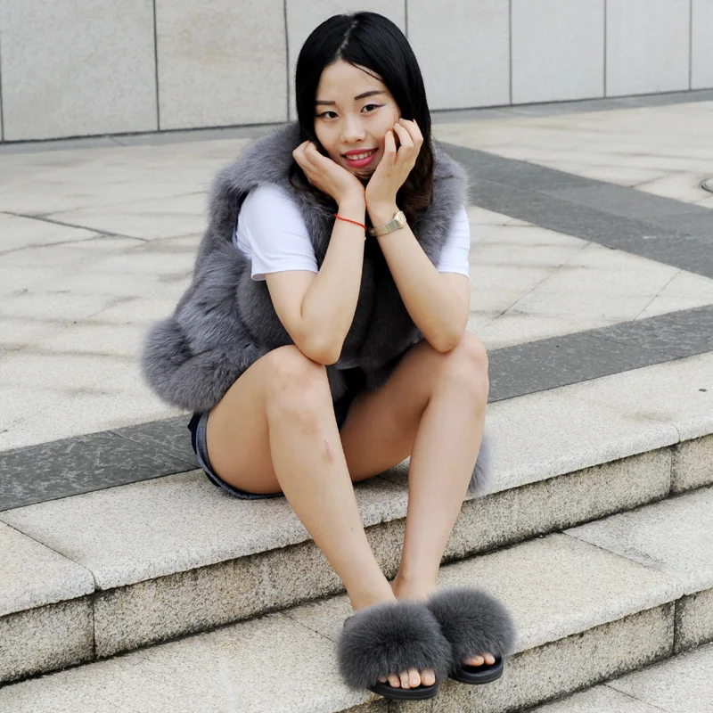 
CX-A-70F Cheap Genuine Fox Fur Decorative Slippers Home Shoes 