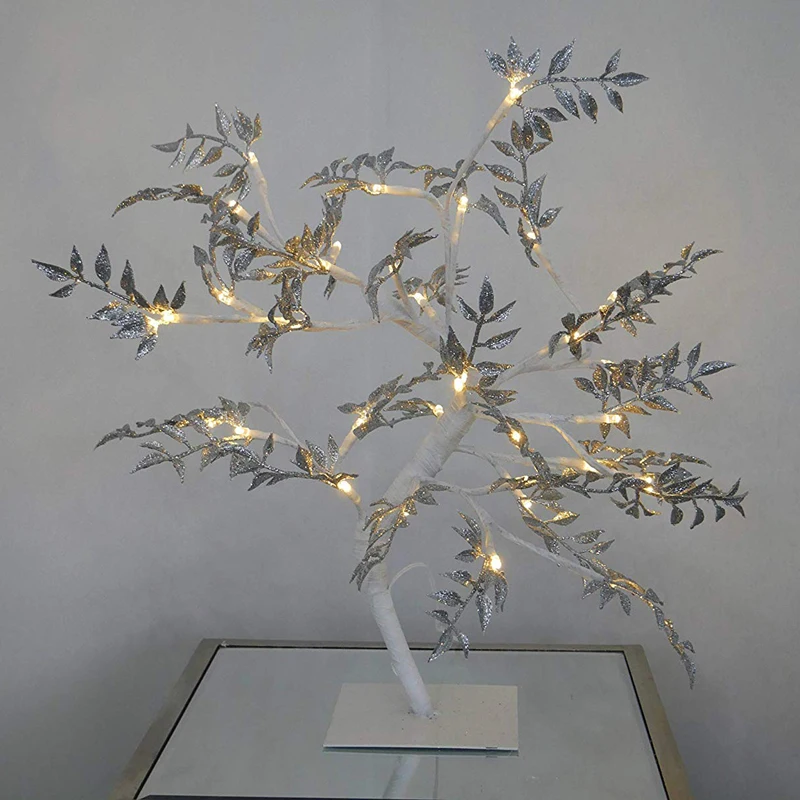 45cm Glittering Silver Leaf Christmas Twig Tree - Pre Lit ...