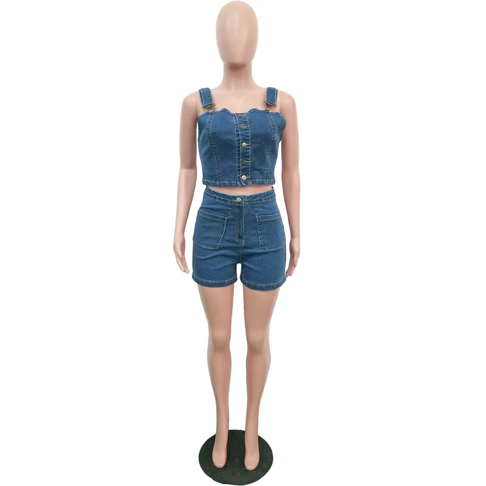 Wholesale Women Jeans Denim Button Mini Shorts And Crop Top Two 