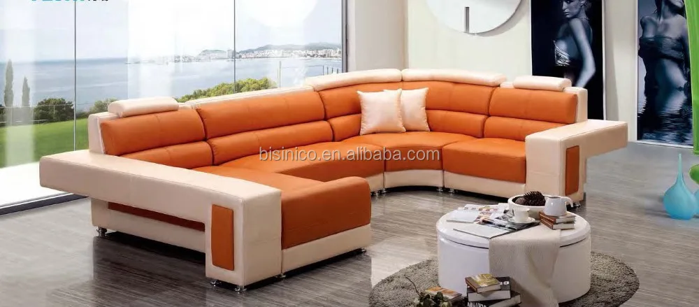 Genuine Leather U Shape Modern Sofa Orange Sectional Shaped Color Product On