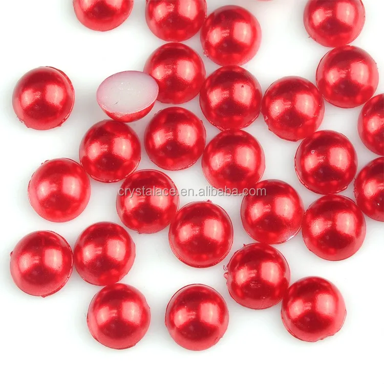 7mm Red color half round plastic flat pearl hot fix, hotfix imitation pearl beads, acrylic pearls on sale