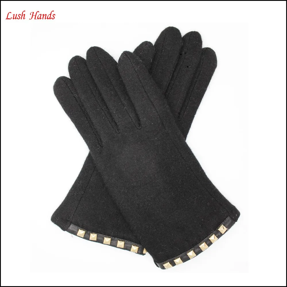 ladies simple woolen gloves decorated with square metal buttons for wholesale