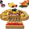 Bamboo Cheese Board with Drawer & 4 Stainless Steel Cheese Knives Extra Spaces Serving Slide-Out & Utensils Gift set